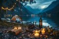 A tent, wine bottle, and candles are in the background Royalty Free Stock Photo