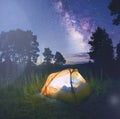 Illuminated tent in the woods under the stars of a night sky