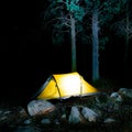 Tent in woods at night