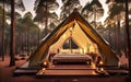 tent in the woods of Pine forest retreat as the sun sets, a cozy luxuries camping tent