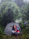 Tent in the woods on the tracking