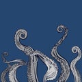 Tentacles octopus drawing on blue background.