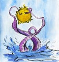 Tentacles reaching out from sea to the sun. Watercolor illustration.