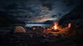 Tents and bonfires at a beautiful and peaceful lake during the night. - Generative ai