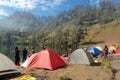 Tents standing on the edge of Ranu Kumbolo lake