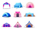 Tents design set. Raster illustration in isolated cartoon style