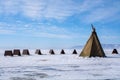 Tents on frozen lake at Lake Bikal, Russia