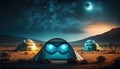 Tents with glowing extraterrestrial faces, alien camping on planet Earth. Generative AI