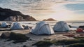 Tents pitched on secluded beachfronts for coastal camping.AI Generated