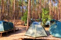 Tents of scouts or tourists in the forest on wooden platforms.