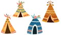 Teepee tents set. Kids wigwams tents with flowers and feathers. Native American Indian tents. Royalty Free Stock Photo