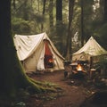 tents set up in the forest with fire and wood in foreground