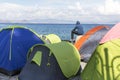 Tents war refugees in the port of Kos island. Royalty Free Stock Photo