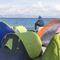 Tents war refugees in the port of Kos island. Kos island is located just 4 kilometers from the Turkish coast Royalty Free Stock Photo