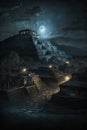 Teotihuacan at night, fantasy vertical view of ancient pyramids in Mexico, generative AI