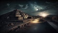 Teotihuacan at night, fantasy view of ancient Maya pyramids in Mexico, generative AI