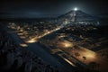 Teotihuacan at night in Mexico, fantasy aerial view of ancient pyramids, generative AI
