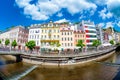 Tepla River embankment with hotels and restaurants. Karlovy Vary Royalty Free Stock Photo
