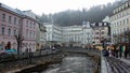 Tepla River in the resort area of the town, evening view, Karlovy Vary, Czechia Royalty Free Stock Photo