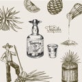 Tequila background. Glass bottle, shot with lime, blue agave Plant, barrel and farmer and harvest. Retro poster or Royalty Free Stock Photo