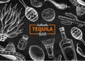 Tequila bar vector blackboard label. Mexican alcohol drink drawi Royalty Free Stock Photo