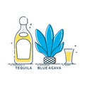 Tequila blue agava produkt in glass bottle with glassware in flat style. Alcohol beverage. Great design for any purposes. Mexican