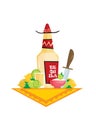 Tequila bottle, salt, lemon. Flat vector