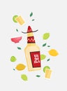 Tequila bottle, salt, lemon. Flat vector