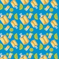 Tequila bottles and lemon sliced pattern in blue background