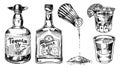 Tequila bottles and salt shaker. Glass Shots with Alcoholic Drink and Lime. Engraved hand drawn vintage sketch. Woodcut