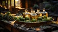 Tequila bottles in a wooden bowl with lime at Mexico