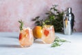 Tequila cocktail or cold lemonade with grapefruit juice, tinted with the aroma of a fresh sprig of rosemary Royalty Free Stock Photo