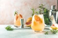 Tequila cocktail or cold lemonade with grapefruit juice, tinted with the aroma of a fresh sprig of rosemary Royalty Free Stock Photo