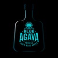 Blue Agave Tequila logo. Tequila emblem. Blue vintage letters and agave plant on dark background.