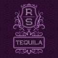 Tequila label design template. Patterned vintage monogram with text on seamless pattern background