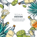 Tequila label design template. Sketch vector illustration. Bar menu white frame background