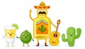 Tequila, lime and cactus. Stylized characters. Vector illustration.