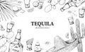 Tequila menu. Hand drawn frame of Mexican alcohol drink in bottle and shot glass with lemon and salt. Engraving cactus and agaves