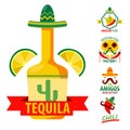 Tequila and Mexican food isolated icons, cafe and restaurant