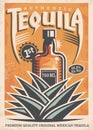 Tequila poster design with drink bottle and blue agave plant. Royalty Free Stock Photo