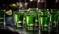 Tequila shot glass, lime, party, celebration, drinking glass, whiskey, pub, green color, alcohol, nightclub generated by Royalty Free Stock Photo