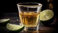 Tequila shot, lime slice, glass full, party celebration, rustic elegance generated by AI Royalty Free Stock Photo