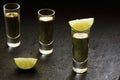 Tequila shot, mexican Alcoholic strong drinks and pieces of lime with salt in mexico Royalty Free Stock Photo