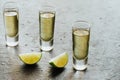 Tequila shot, mexican Alcoholic strong drinks and pieces of lime with salt in mexico Royalty Free Stock Photo