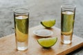 Tequila shot, mexican Alcoholic strong drinks and pieces of lime with salt in mexico Royalty Free Stock Photo