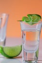 Tequila shot with a slice of lime on the glass orange background Royalty Free Stock Photo