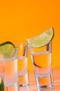 Tequila shot with a slice of lime on the glass orange background Royalty Free Stock Photo