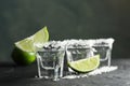 Tequila shots with salt and lime slices