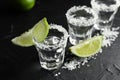 Tequila shots with salt and lime slices