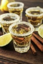 Tequila shots with salt, lime slices and cinnamon on wood table Royalty Free Stock Photo